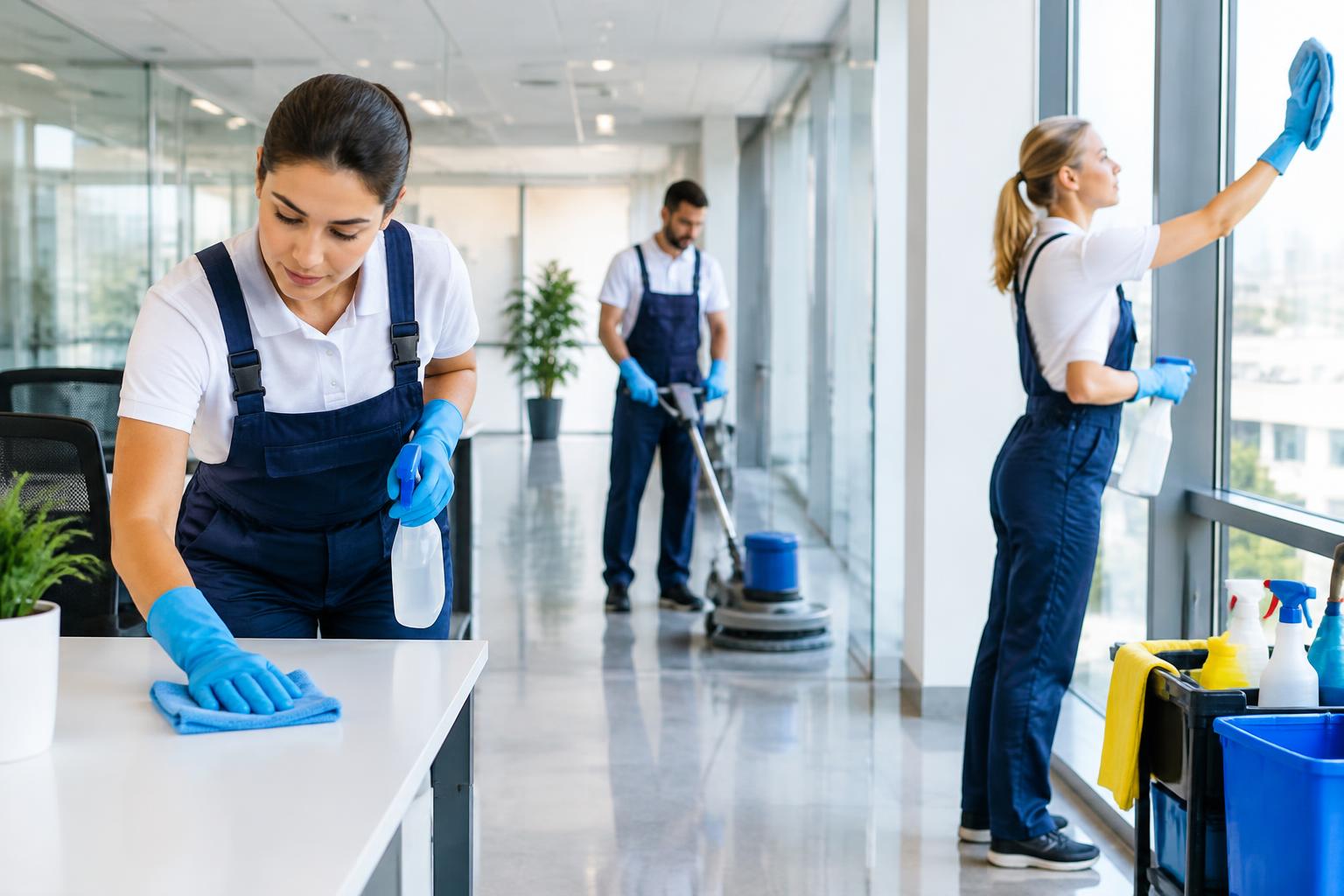 Schoonmaakteam in een modern kantoor