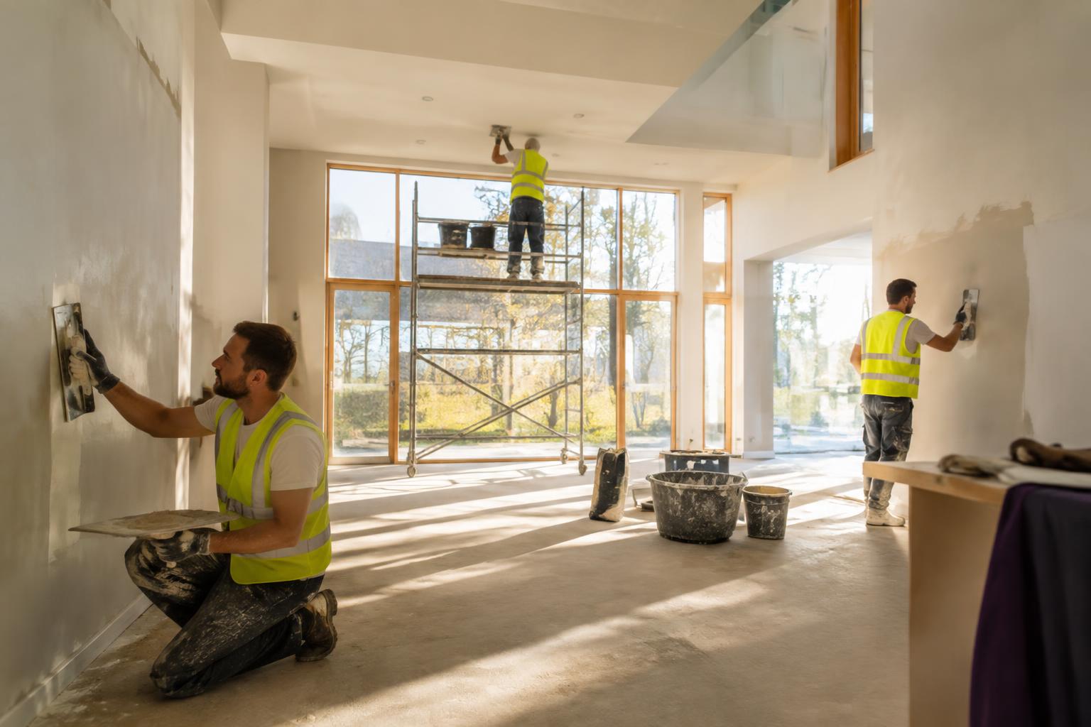 Vakmensen renoveren een ruim interieur